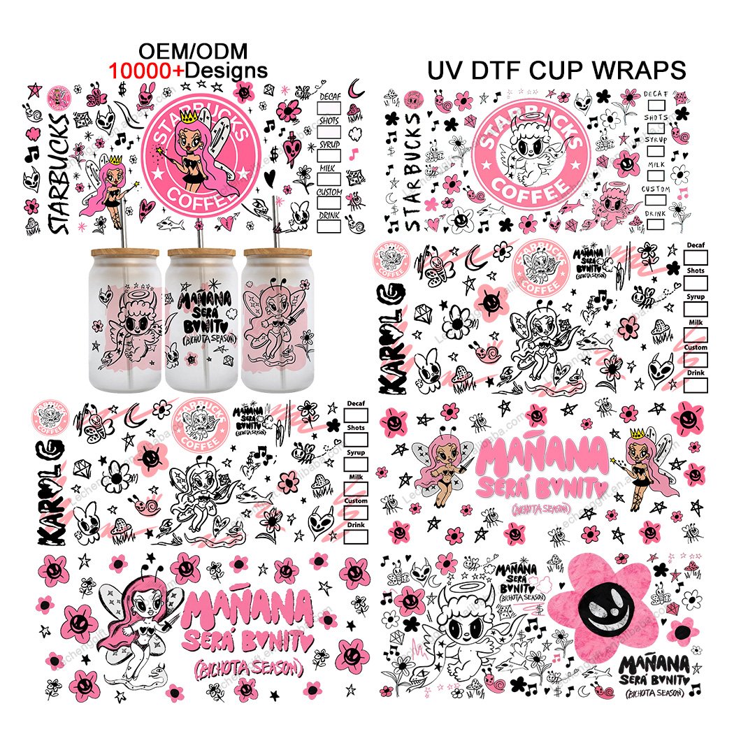 Popular 16 oz Karol G Cartoon 3D UV DTF Cup Wraps Stickers Ready To Transfer 16oz libbey Glass Cups Wraps