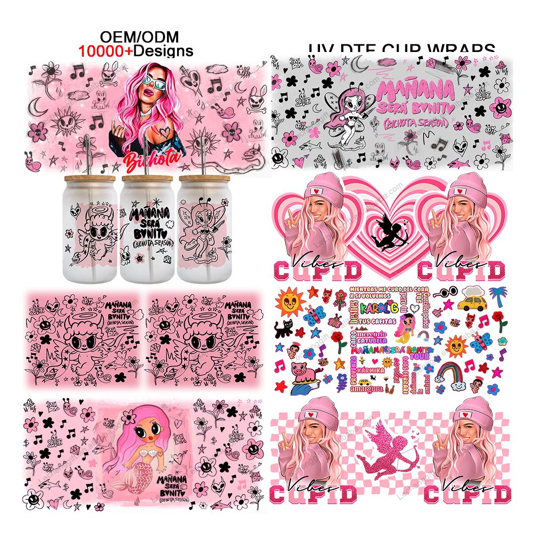 Popular 16 oz Karol G Cartoon 3D UV DTF Cup Wraps Stickers Ready To Transfer 16oz libbey Glass Cups Wraps