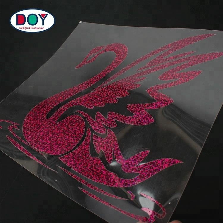 New Design Custom Glitter Swan Logo Holographic Plastisol Heat Transfer Stickers Labels for T-shirts