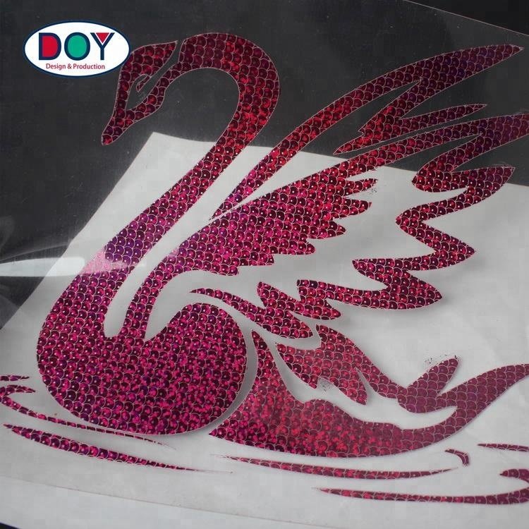New Design Custom Glitter Swan Logo Holographic Plastisol Heat Transfer Stickers Labels for T-shirts