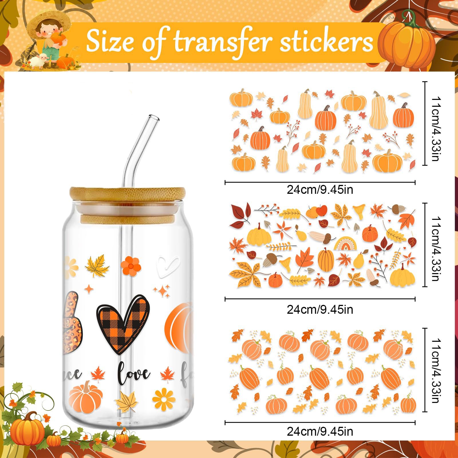 UV DTF Cup Wraps Vintage Fall Autumn Pumpkin Uvdtf Lids Cover Topper Wraps Transfers Decals Stickers for 16oz Cups and Lids