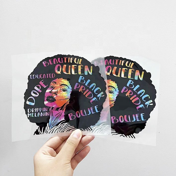 Plant direct sale dtf heat press sticker black woman design transfer printing smooth surface custom dtf heat transfer on t-shirt