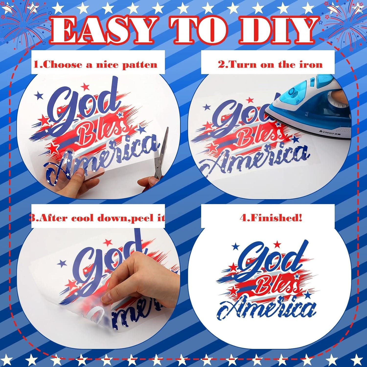 Independent Day Iron on Transfers 4th of July Iron on Decals Patches Heat Transfers Vinyl Cute Patriotic Decals Classic Style
