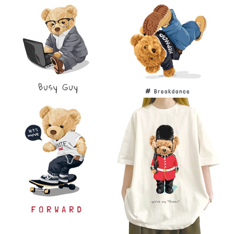 Interesting and adorable teddy bear Iron Patch dtf transfers ready to press Heat Transfer Printing On Clothes Iron on transfer