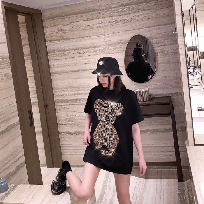 Women Print letter Oversize Sequined Top Short Sleeve Bling Shiny Top Lady sparkling Hot drilling T Shirt graphic Tops for Woman