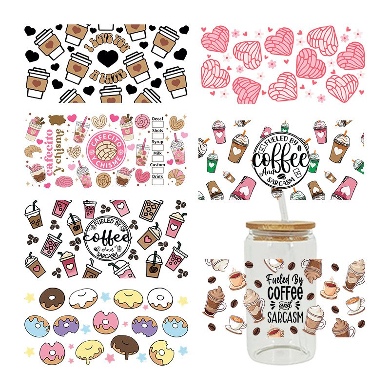 Custom Low MOQ 16oz 20oz UV DTF Cup Wrap UV Transfer Stickers Cartoon Printing Tumbler Wraps Waterproof Logo Stickers For Cups