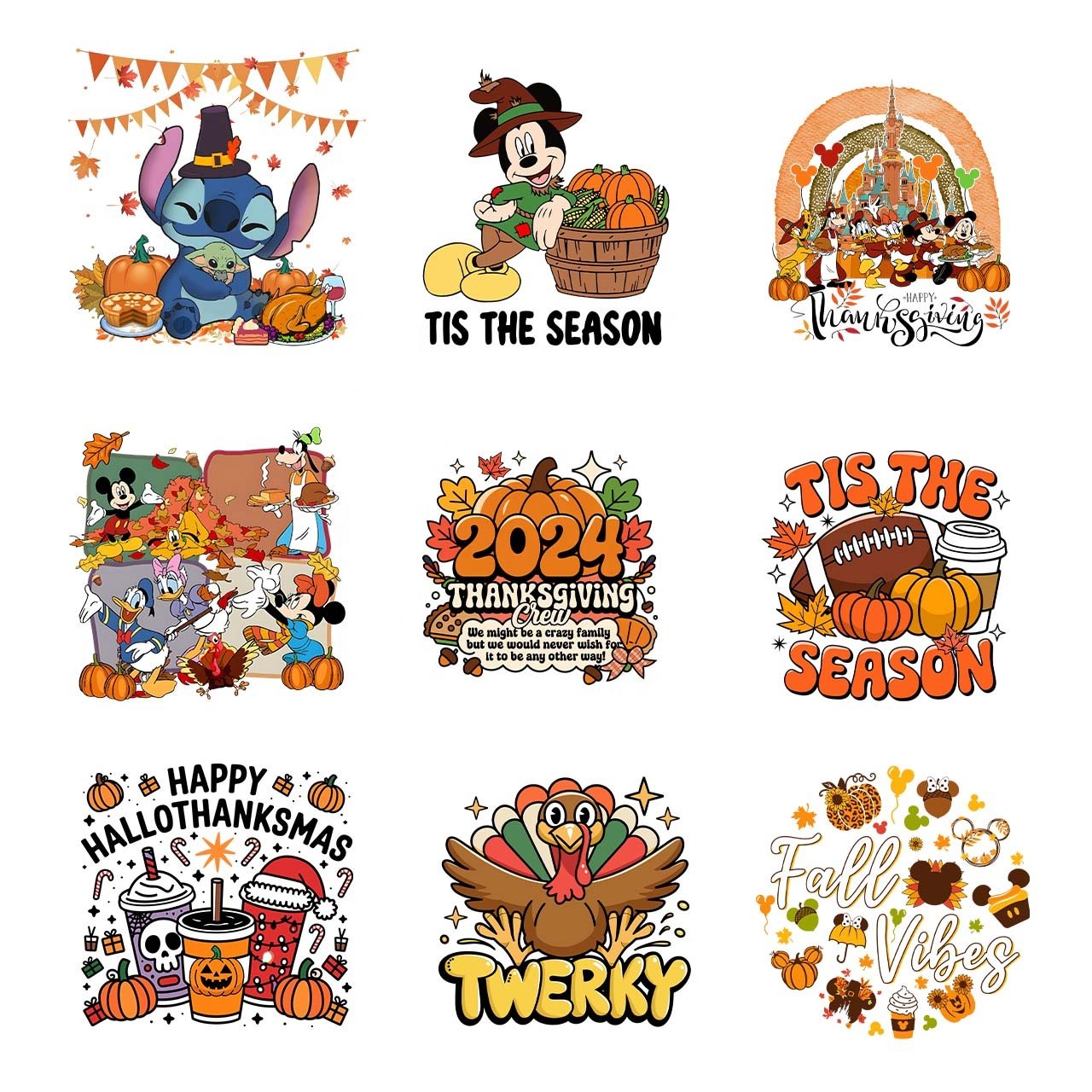 Wholesale low MOQ Thanksgiving cartoon colorful designs custom logo dtf film vinyl heat transfer printing for t-shirt