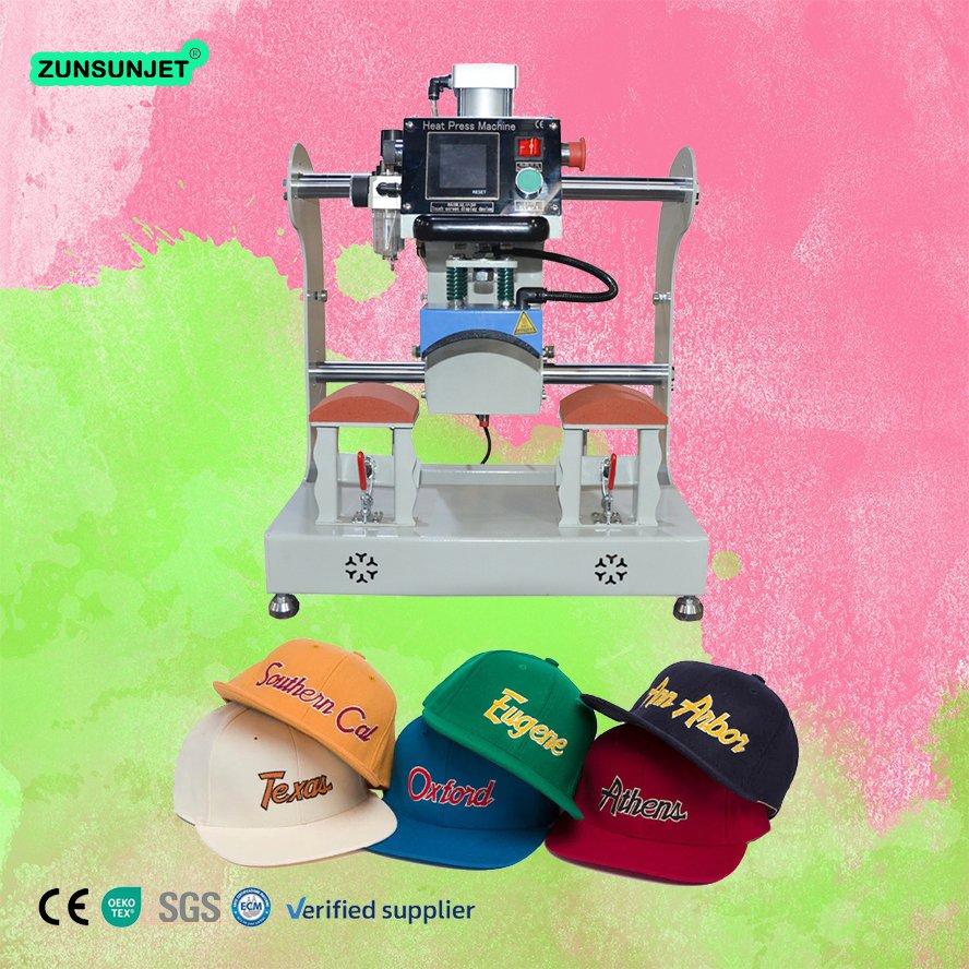 digital 8*14cm pneumatic dual station heat press machine for combo travelling hat / sun hat heat press hot pressed