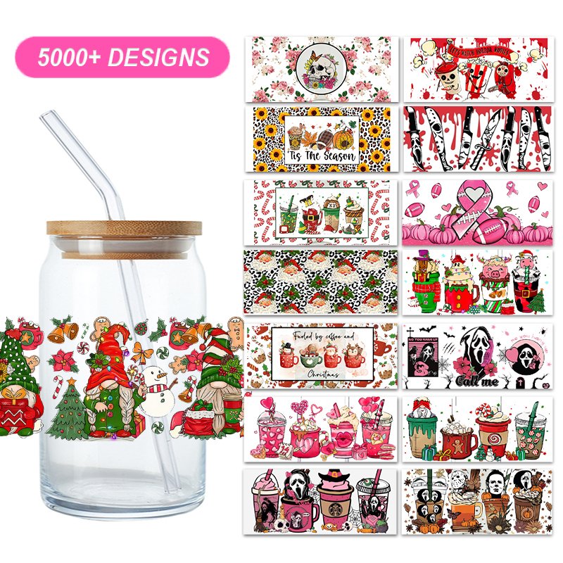 Factory Price Customized UV DTF Cup Wrap Transfers Christmas Day 16oz 20oz Libbey Glass Transfer Printing