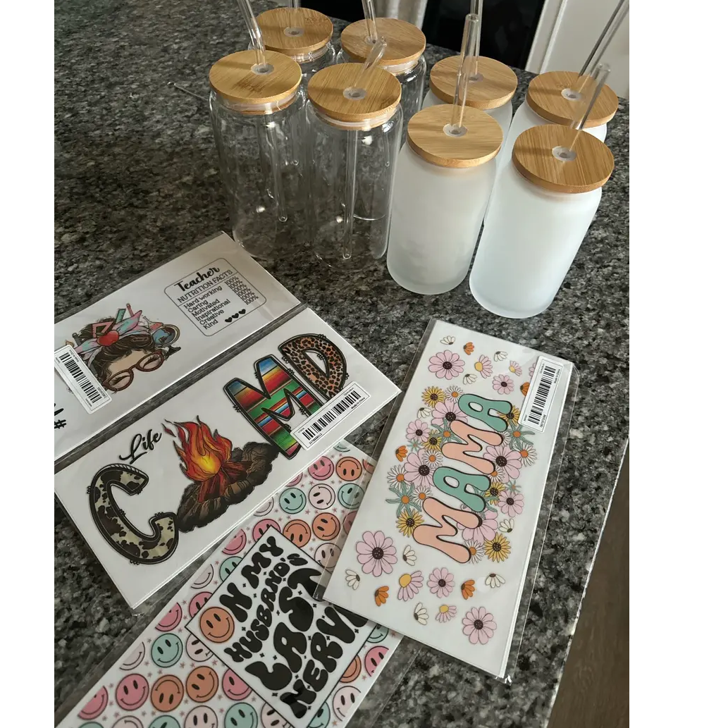 Factory Price Customized UV DTF Cup Wrap Transfers Christmas Day 16oz 20oz Libbey Glass Transfer Printing