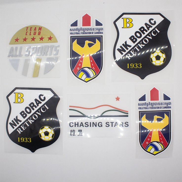 Sports Labels Maker Custom Soccer Club Logo High Density Rubber Silicone Heat Transfer Printing Stickers for Jerseys