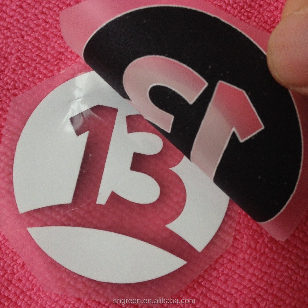 clear PET plastic iron on transfer label,thermal transfer logo for costume