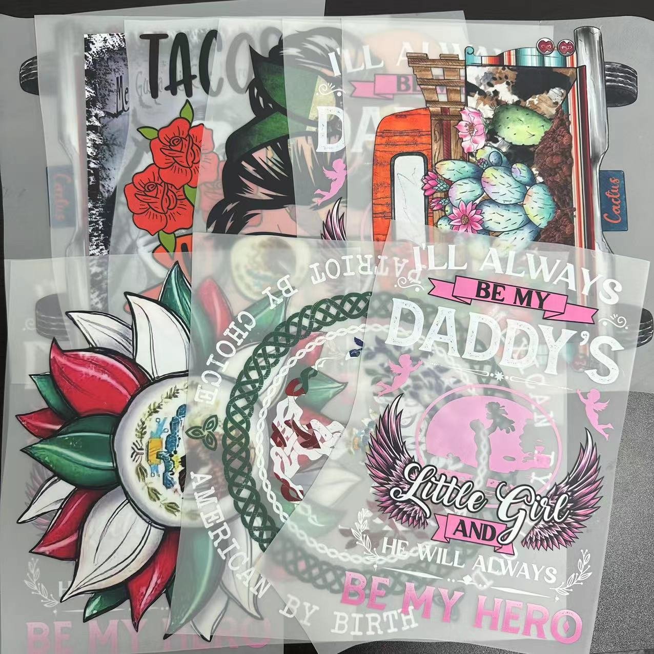 High quality Custom Printed vibrant colors Custom all designs Eco ink Iron On Heat Stickers DTF Transfer for t shirts bags hats