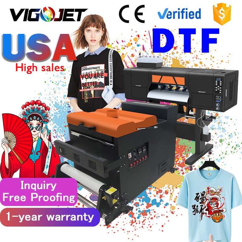 Vigojet 60 cm t-shirt printer 4 heads i3200 xp600 print thermal transfer dtf printer and t-shirt powder shaking system