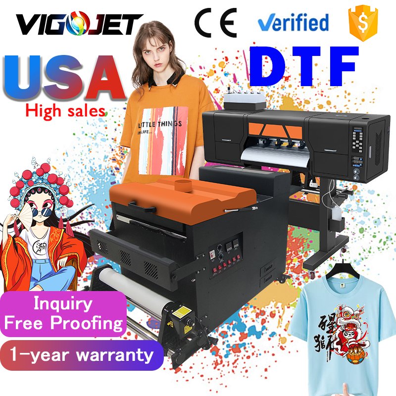 Vigojet 60 cm t-shirt printer 4 heads i3200 xp600 print thermal transfer dtf printer and t-shirt powder shaking system