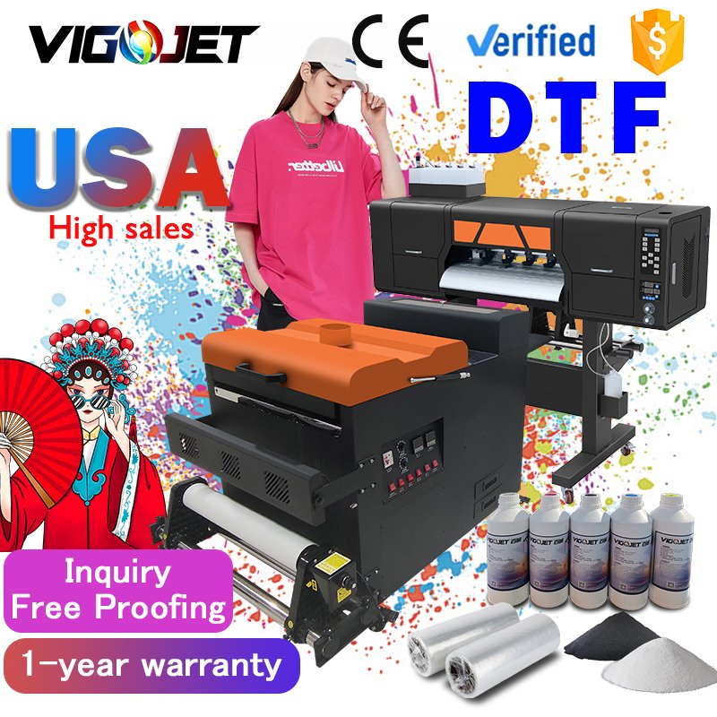Vigojet 60 cm t-shirt printer 4 heads i3200 xp600 print thermal transfer dtf printer and t-shirt powder shaking system