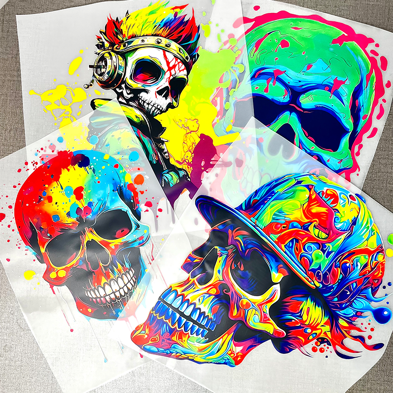 High Quality Custom Skull Design Heat Transfer Stickers Easy-to-Press DTF Technology for T-Shirts & Clothing Cotton Fabric Bags