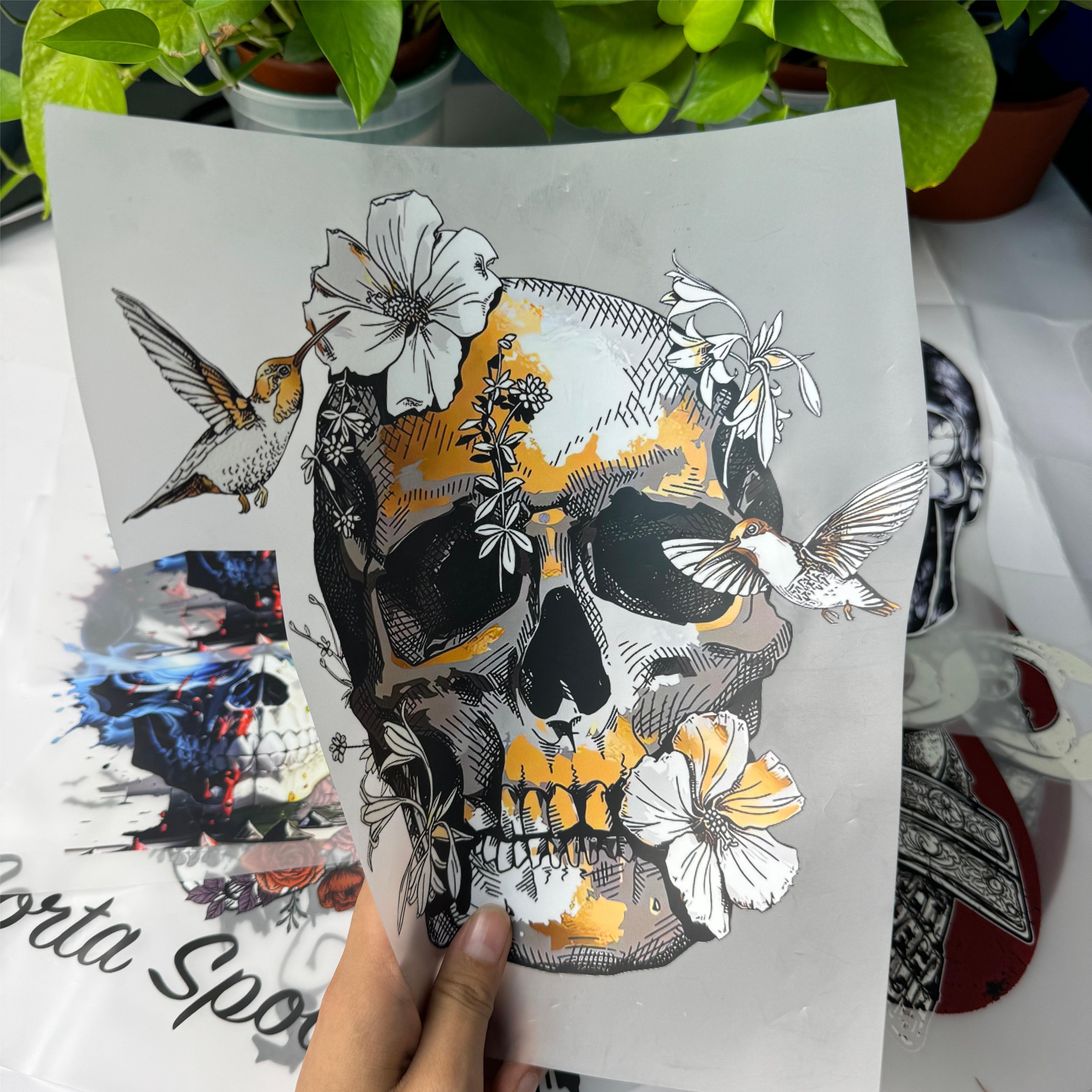 High Quality Custom Skull Design Heat Transfer Stickers Easy-to-Press DTF Technology for T-Shirts & Clothing Cotton Fabric Bags
