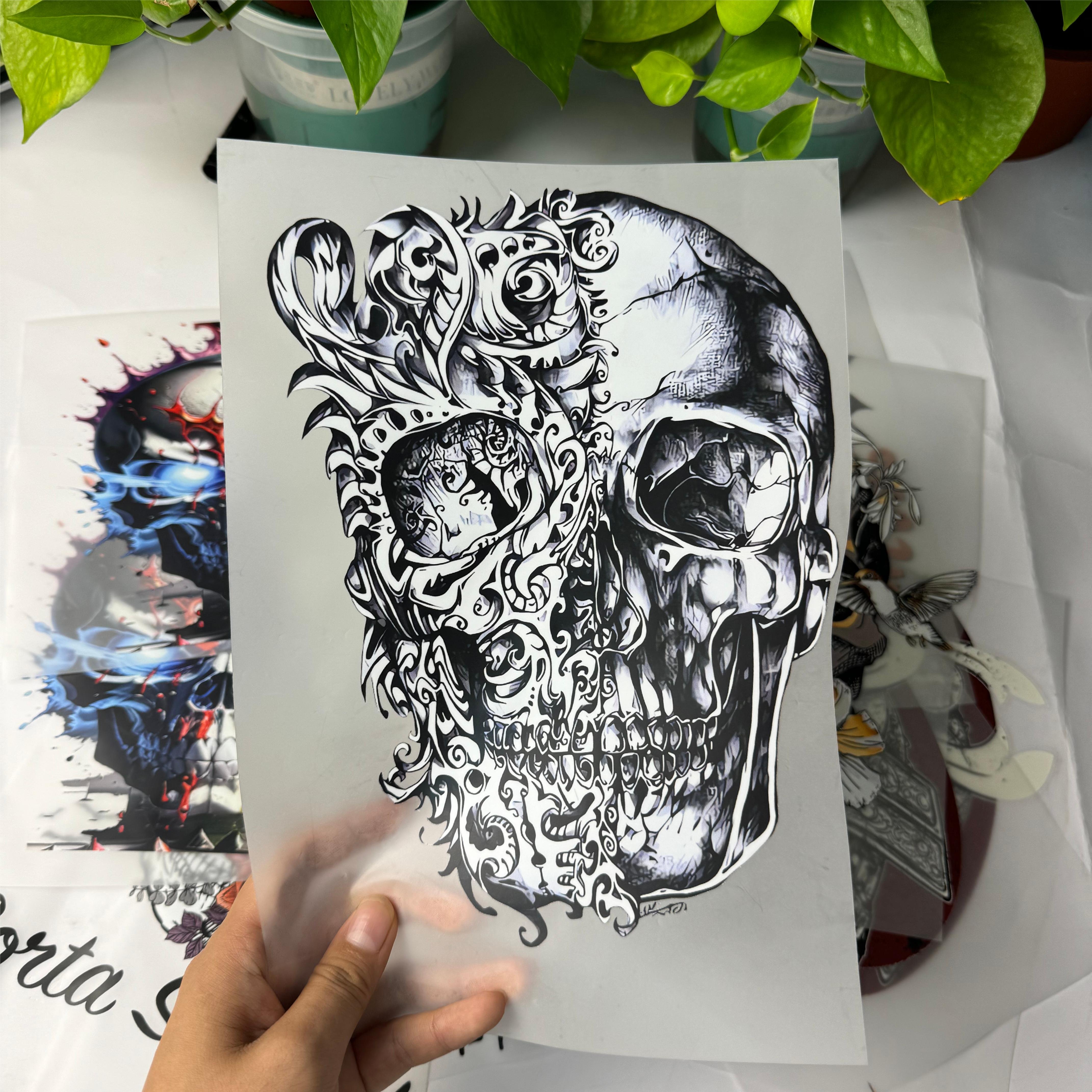 High Quality Custom Skull Design Heat Transfer Stickers Easy-to-Press DTF Technology for T-Shirts & Clothing Cotton Fabric Bags