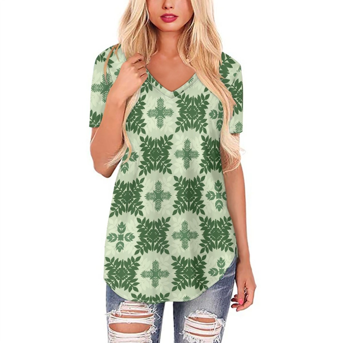 Low Price Low Moq Custom Hawaiian Fabrics Fashionable And Versatile Long-Sleeve Women's V-Neck Top Print On Demand