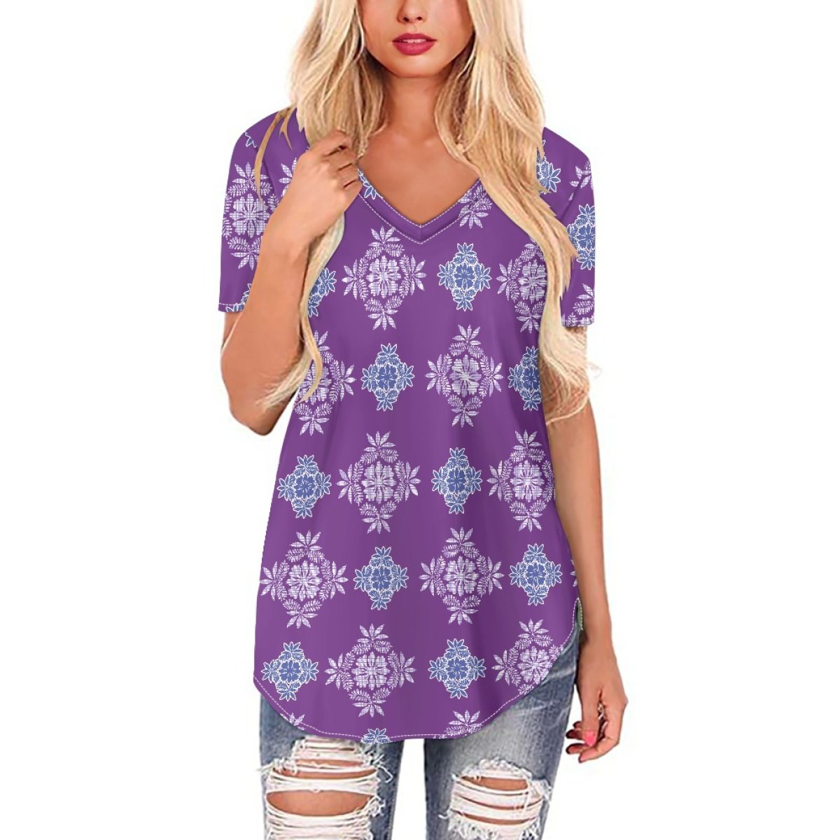 Low Price Low Moq Custom Hawaiian Fabrics Fashionable And Versatile Long-Sleeve Women's V-Neck Top Print On Demand