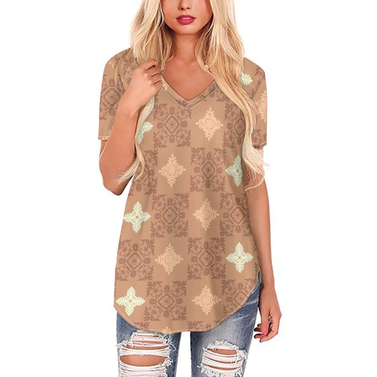 Low Price Low Moq Custom Hawaiian Fabrics Fashionable And Versatile Long-Sleeve Women's V-Neck Top Print On Demand