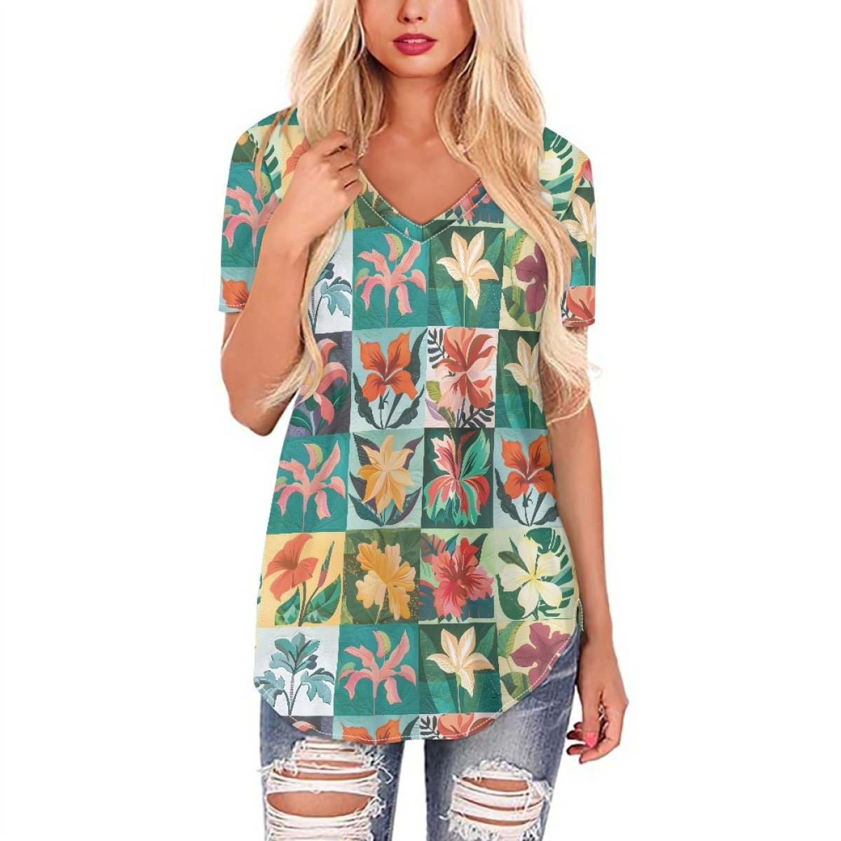 Low Price Low Moq Custom Hawaiian Fabrics Fashionable And Versatile Long-Sleeve Women's V-Neck Top Print On Demand