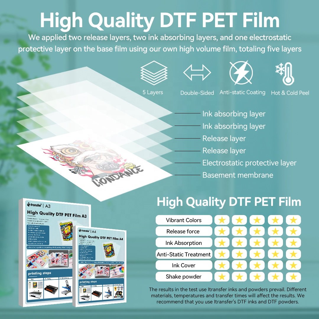 No Weeding Heat Press DTF Printer Transfer Film A3 Transfer Printing Paper For Dark Color T shirts Textiles PET Film DTF