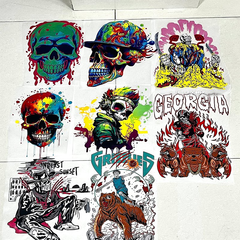 High Quality Custom Skull Design Heat Transfer Stickers Easy-to-Press DTF Technology for T-Shirts Clothing for Cotton Fabric