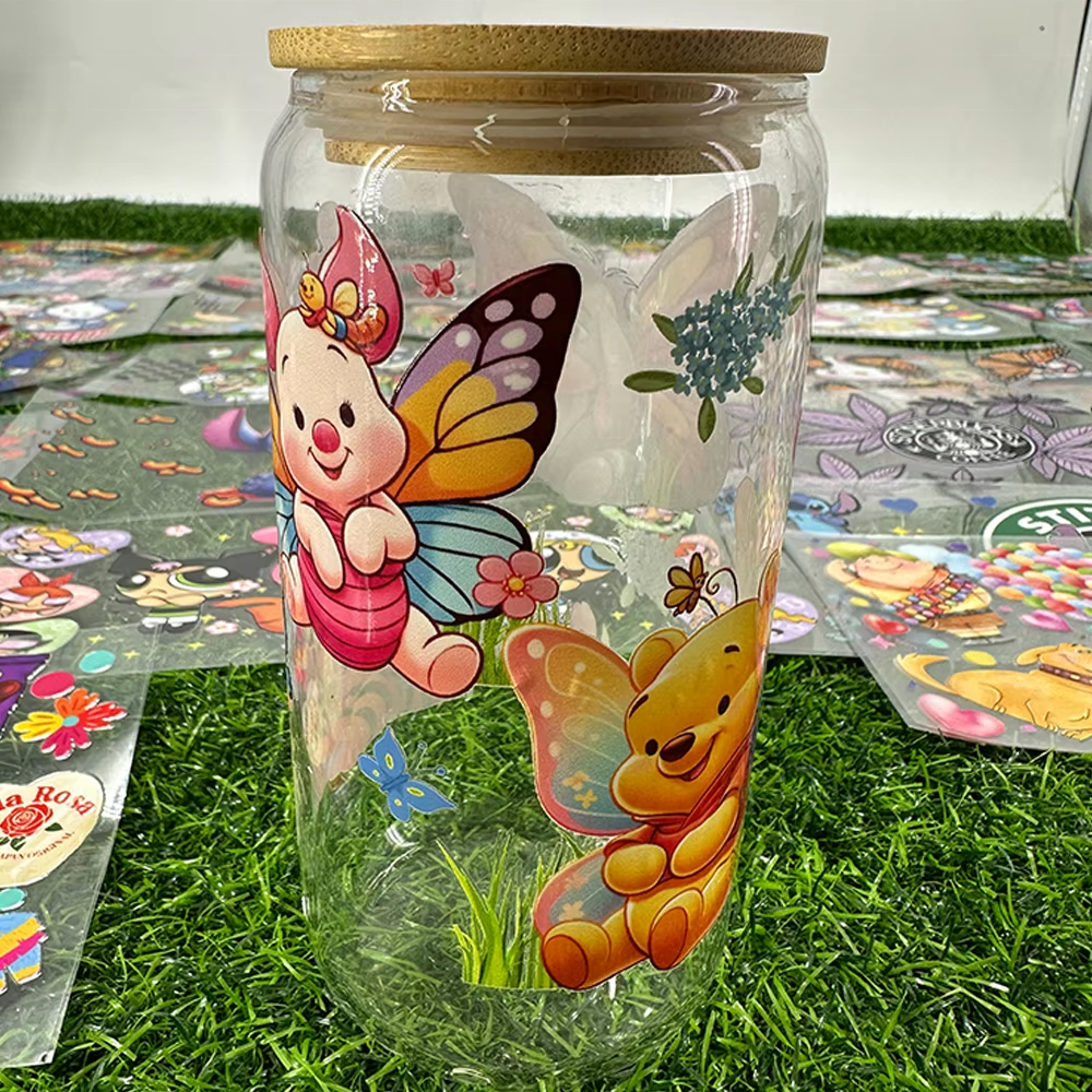 Hot Sale Cute Cartoon Design Uv Dtf Transfer Suitable Glass Jar Packaging Cup Diy Waterproof Sticker Transfer Printing