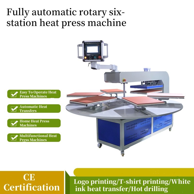 Fully Automatic Rotary 6 Station Heat Press Machine Rotary t Shirt Printing Heat Transfer Machine Clothing Labels Custom Printed