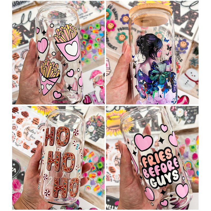 Custom wholesale logo label sticker sheet Glass christmas uv dtf cup wrap transfers 16oz personalizados. ready to ship