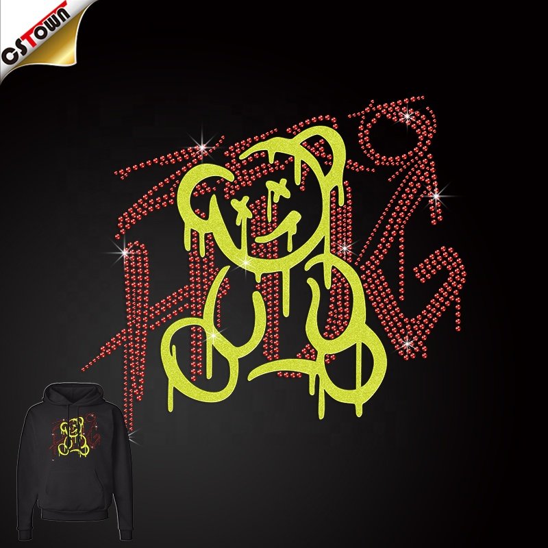 Low MOQ Bear Design Rhinestone Heat Transfers Custom Iron on Heat Transfer Printing for T-shirt