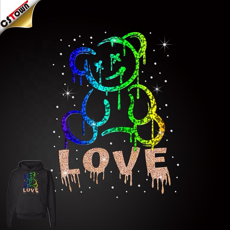 Low MOQ Bear Design Rhinestone Heat Transfers Custom Iron on Heat Transfer Printing for T-shirt