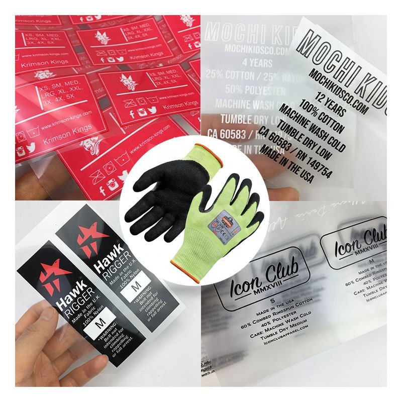 full color transfer printing stickers heat press branded logo gloves silicone decals custom pattern size label manufacturer