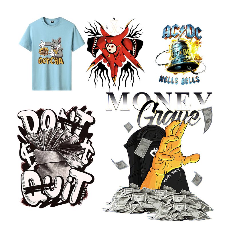 Custom New Design Pattern DTF Transfer Hot Iron Transfer Printing Sticker on T-Shirts