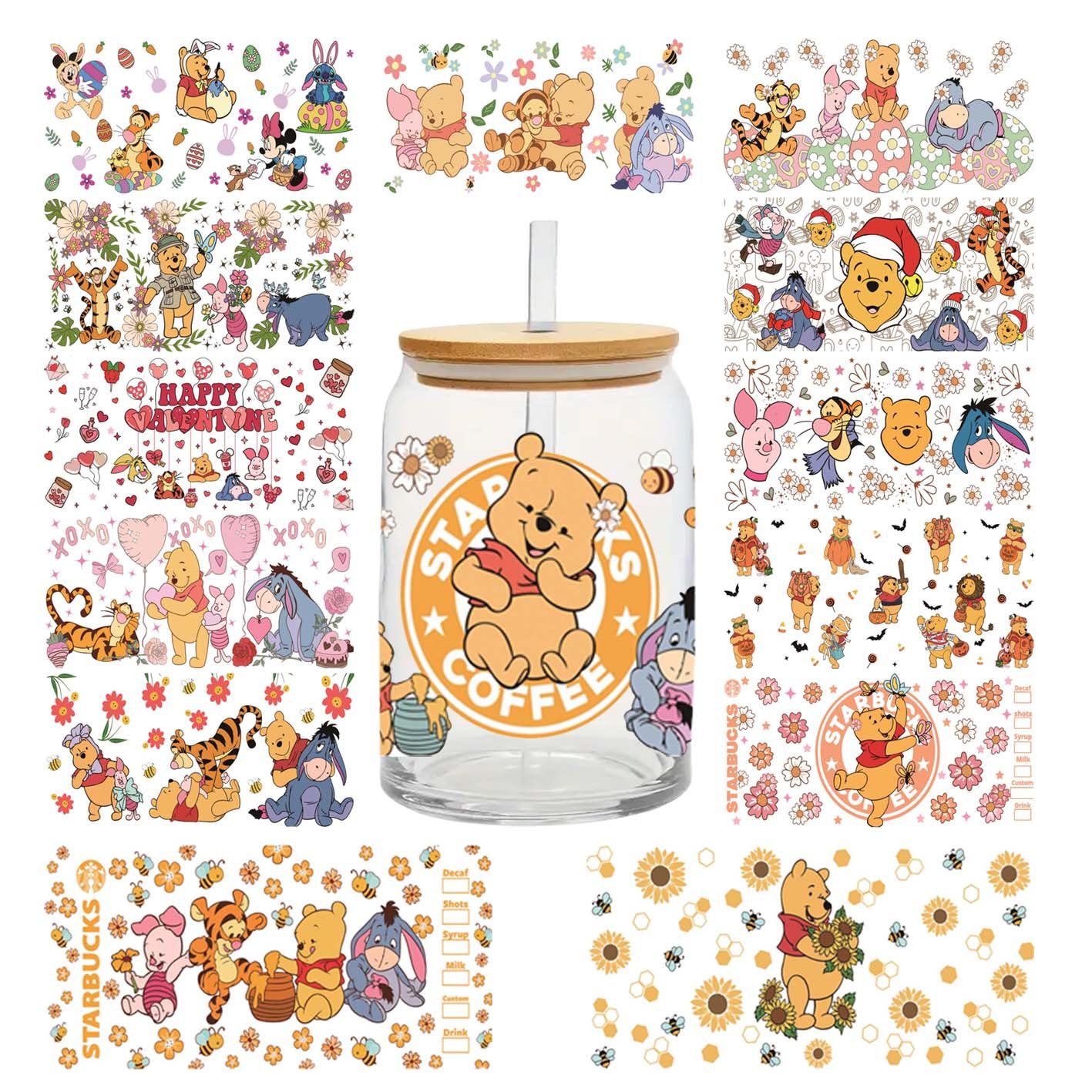 Ready To Ship 16 oz cute Bear glass mug warp transfer printed with custom Uv Dtf Transfer label stickers