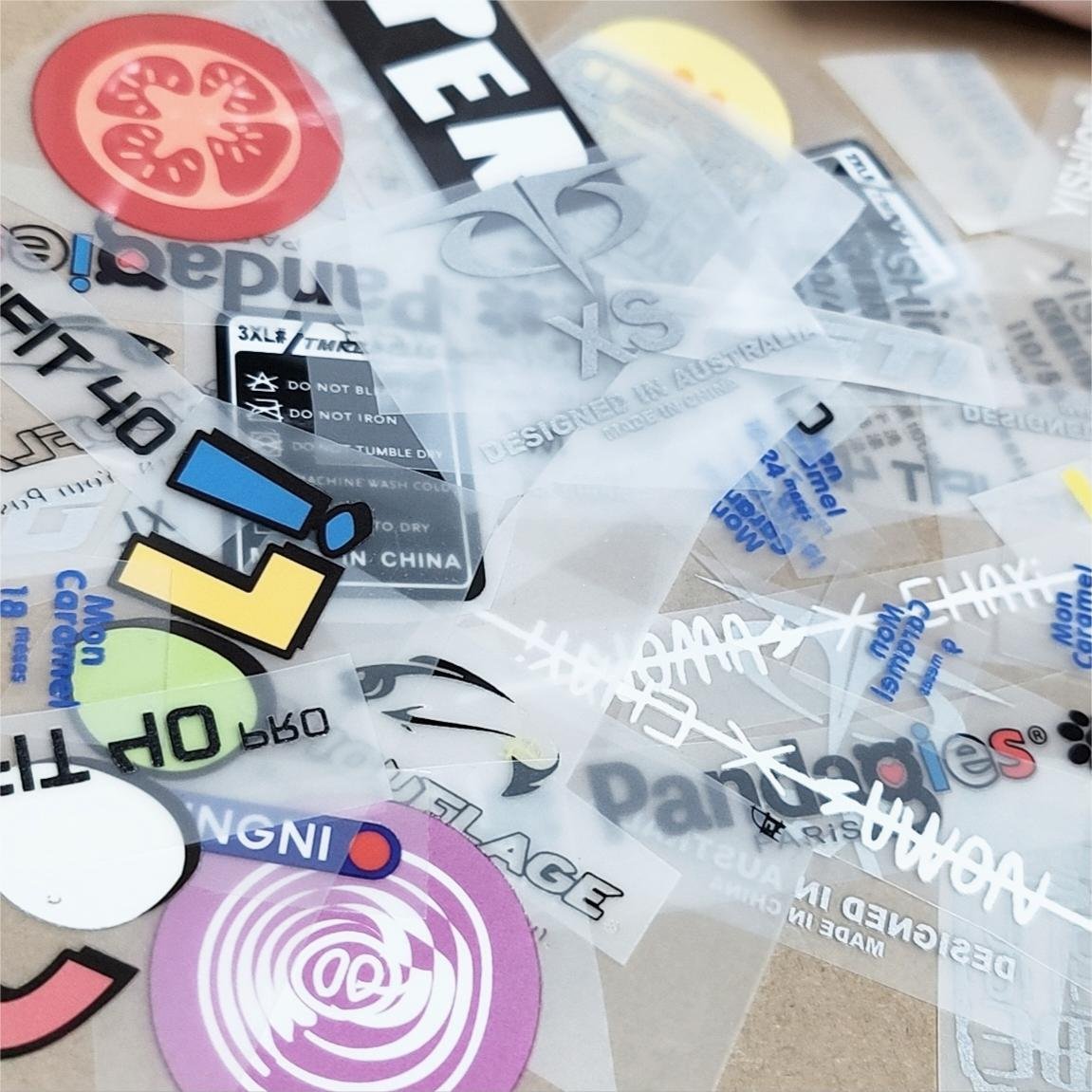 customised logo neck label heat transfer printing garment tagless label for clothing size iron on