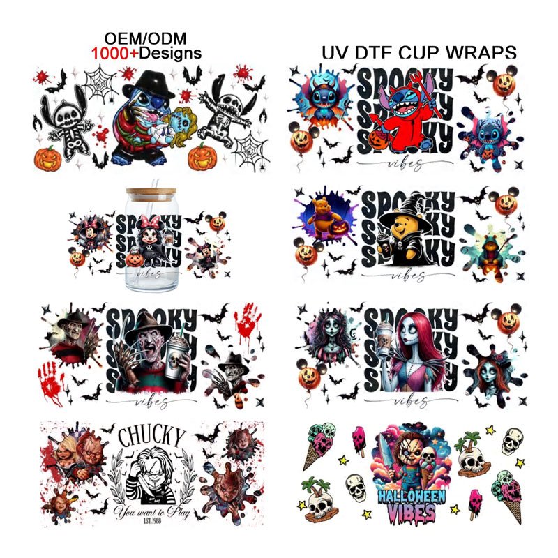 Cheap Wholesale High Quality UV DTF Cup Wraps Cartoon Halloween Custom 16oz 20oz 24oz 40oz UVDTF Tumbler Wraps Transfers