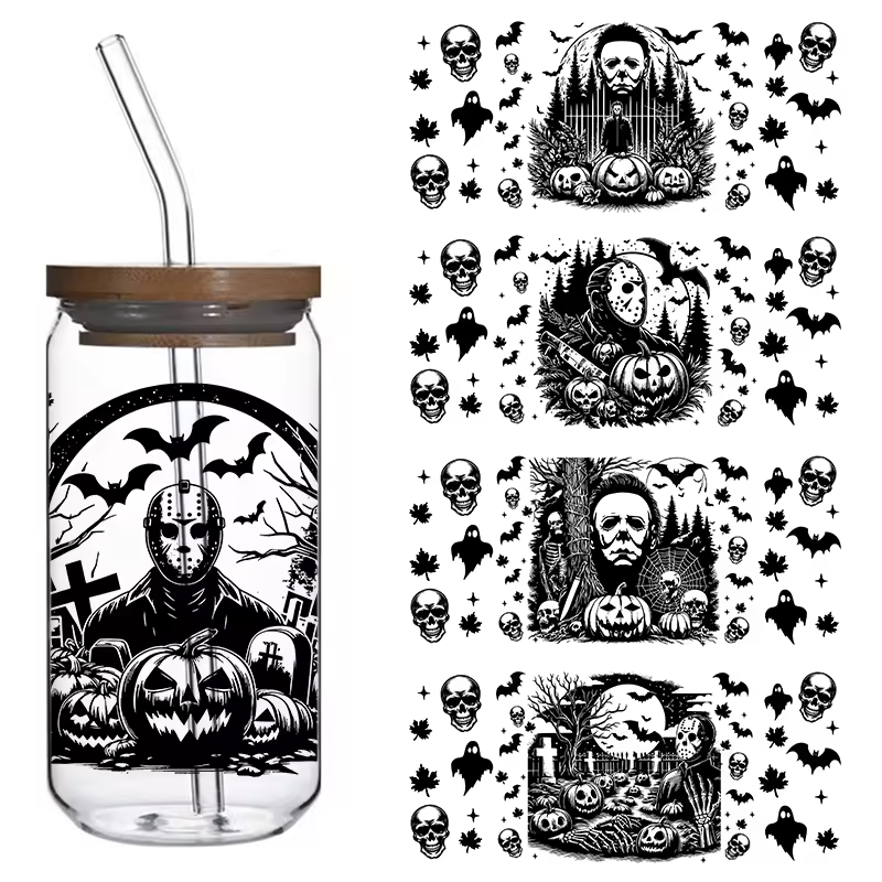 New Halloween UV DTF Cup Wrap Transfers Water Transfer Printing Heat Transfer Washable Waterproof Clothes Mugs Pet Glass
