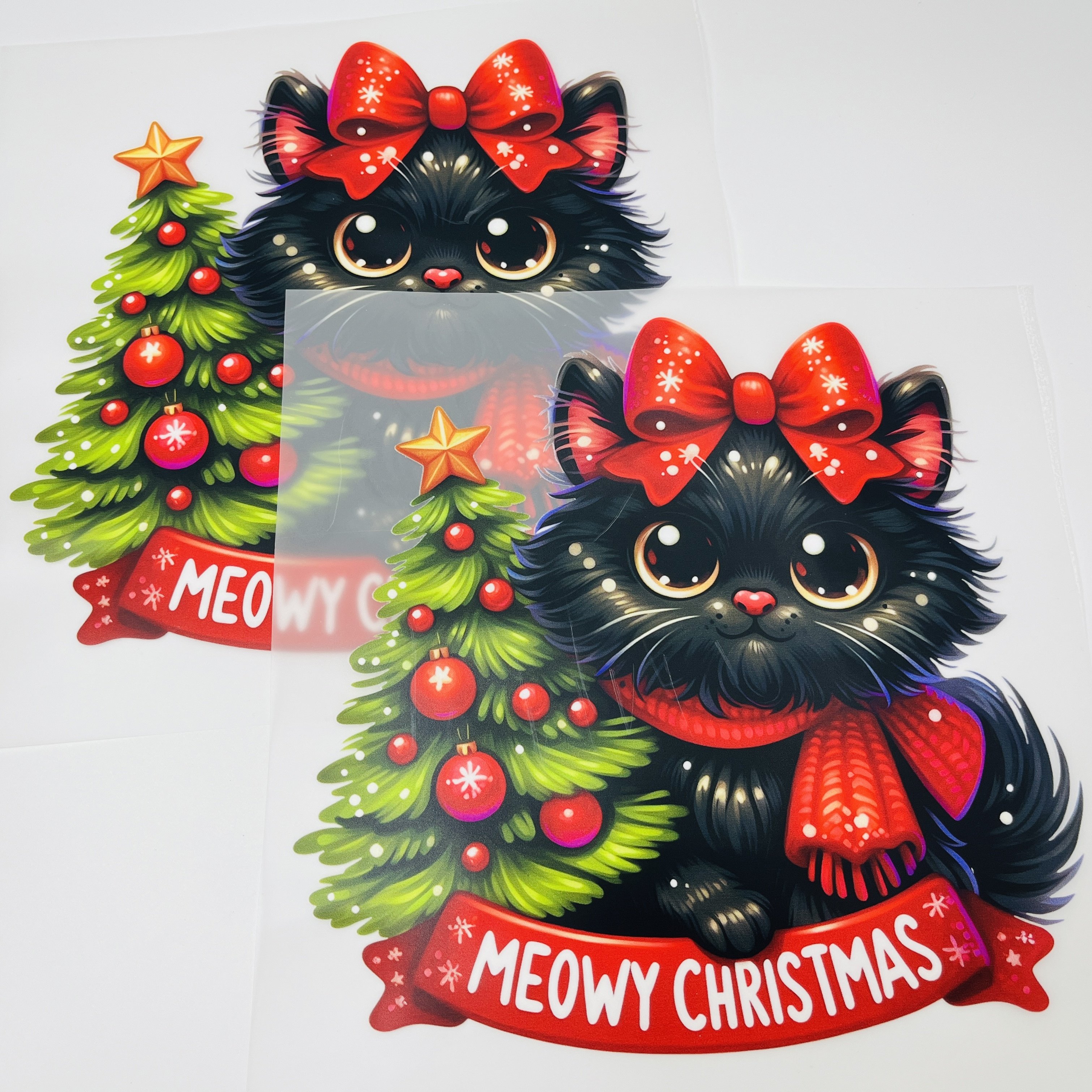 Wholesale low MOQ vinyl Christmas cute cat heat transfer stickers ready to press dtf film transfer printing for t-shirt