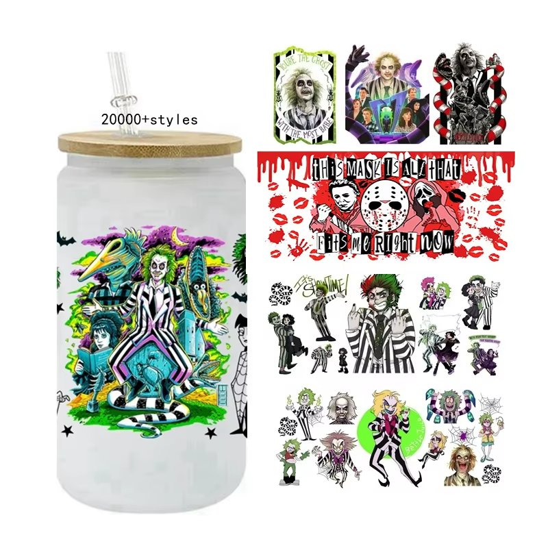 Halloween Waterproof UV DTF Cup Wraps Custom Size Glass with Washable Water Transfer Printing Heat Transfer Technique