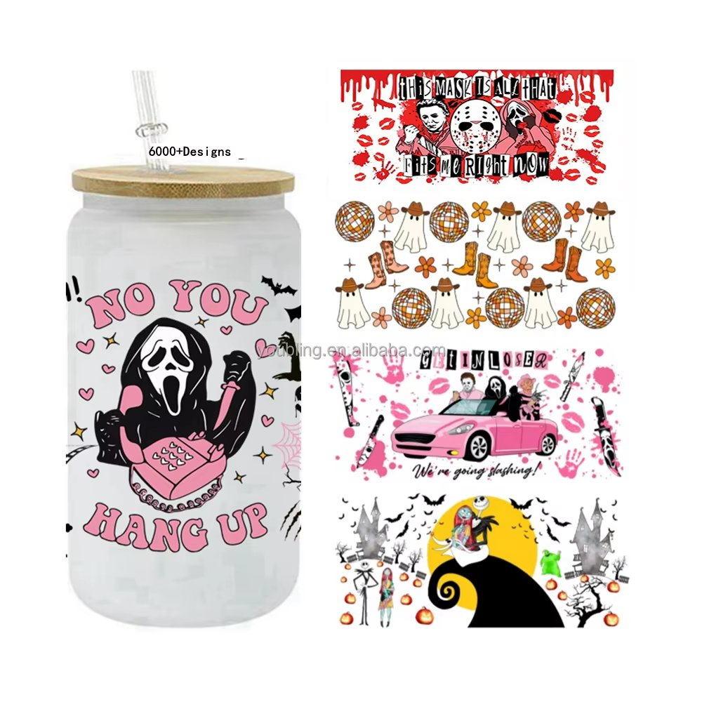 Halloween Waterproof UV DTF Cup Wraps Custom Size Glass with Washable Water Transfer Printing Heat Transfer Technique