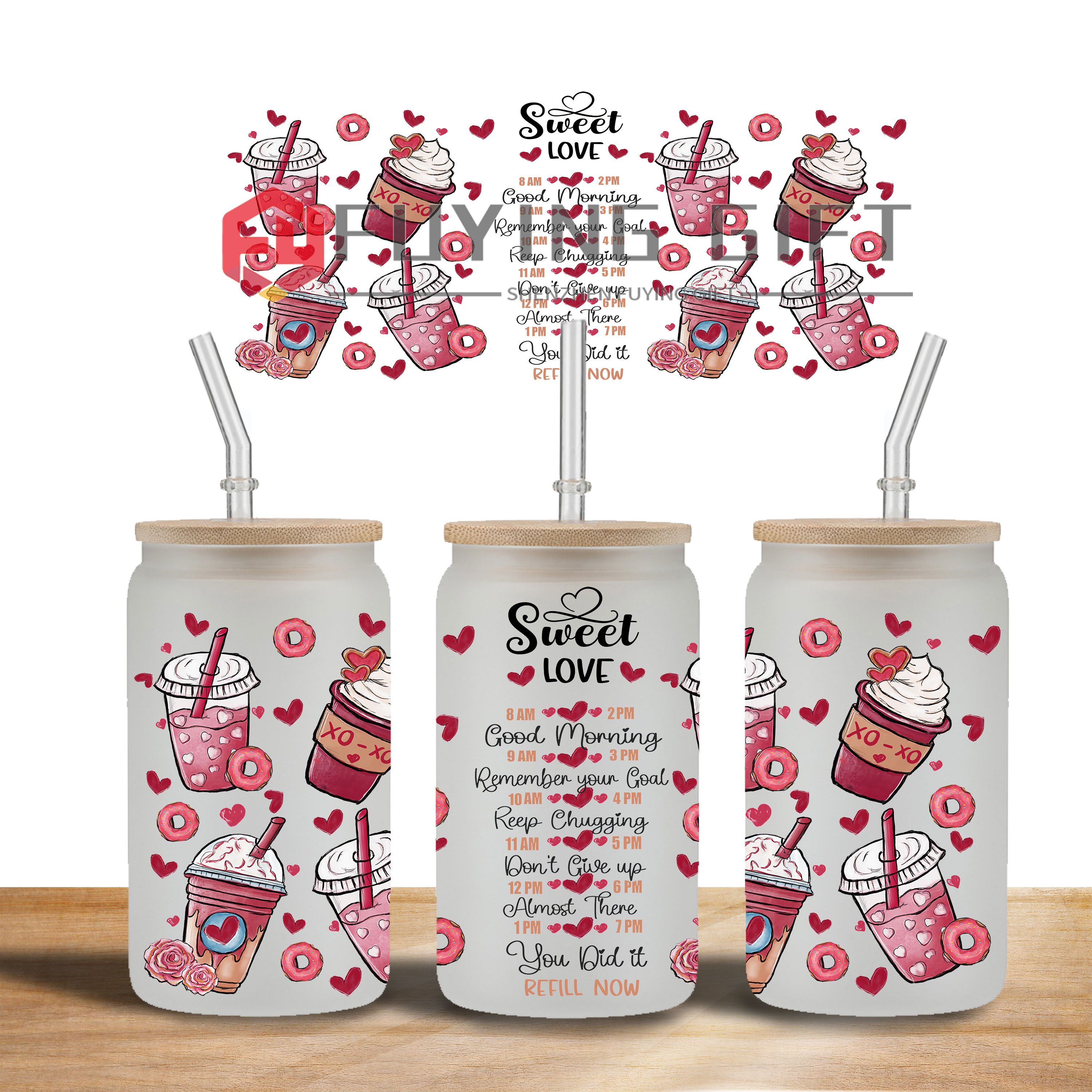 Ready to Ship 16 oz uv dtf cup wraps valentines cartoon 3d transfers vinyl cup wrap waterproof stickers for glass cups