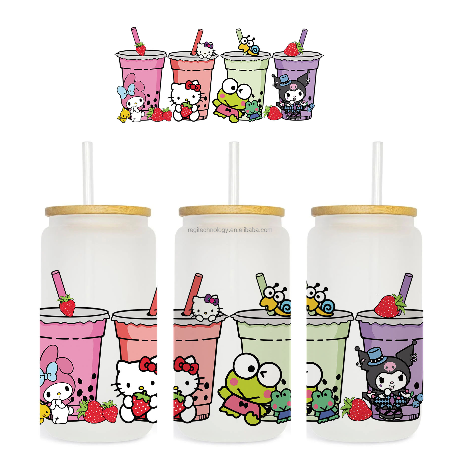 Cute cartoon anime KT cat Custom Transfer Cup Wraps Full Color UV DTF sticker For Tumblers 16oz Glass Cups Bottle Cans