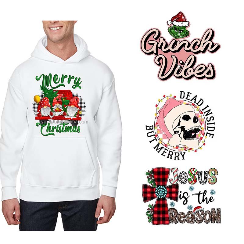 Wholesale custom Sweatshirts with Christmas Designs vinyl dtf transfers printing plastisol heat transfer for t shirt