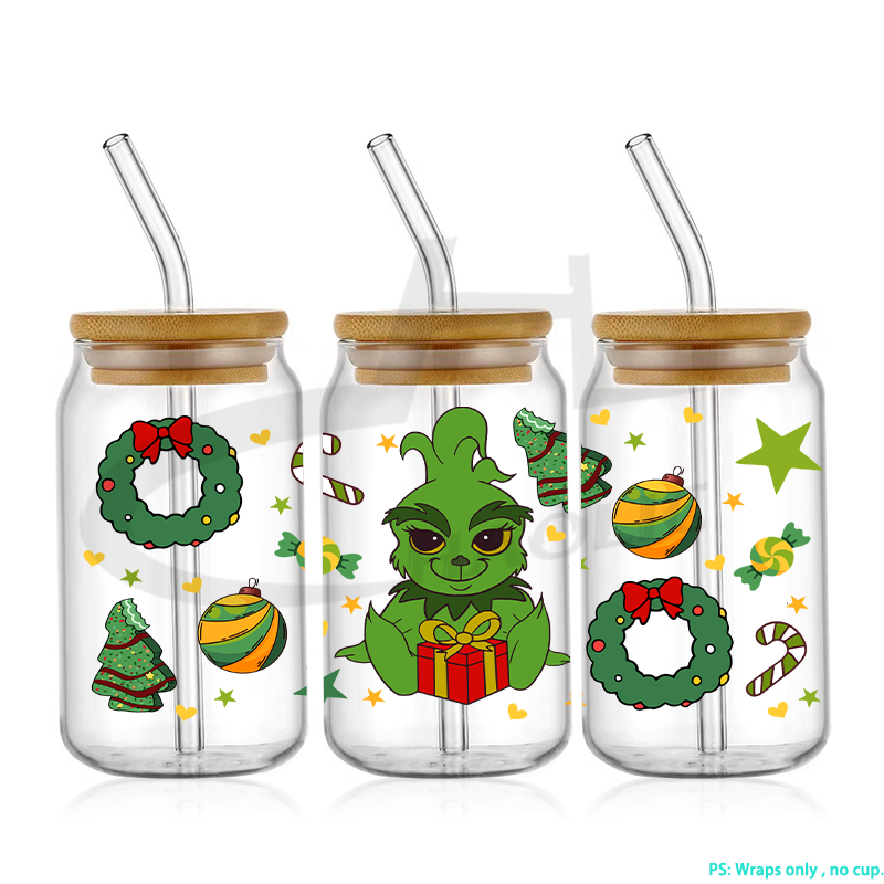 Wholesale Custom Design Christmas UV DTF Cup Wraps 16OZ UV DTF Wraps For Cups Glass Can Tumbler UV DTF Cup Wrap Transfers