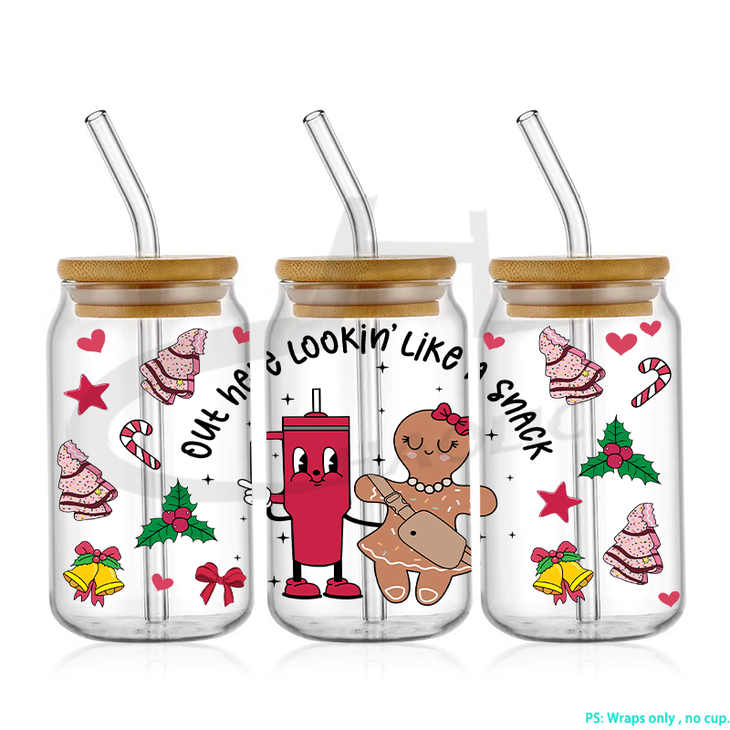 Wholesale Custom Design Christmas UV DTF Cup Wraps 16OZ UV DTF Wraps For Cups Glass Can Tumbler UV DTF Cup Wrap Transfers