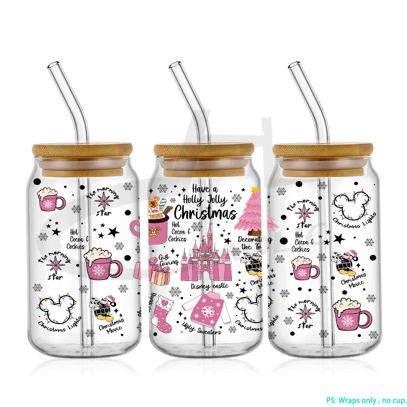 Wholesale Custom Design Christmas UV DTF Cup Wraps 16OZ UV DTF Wraps For Cups Glass Can Tumbler UV DTF Cup Wrap Transfers