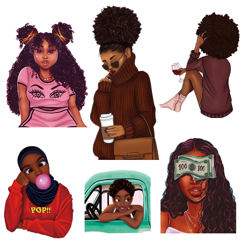 African Girl Stickers Patches on Heat Transfer Patch Decals for T Shirt Clothing Backpack Pillow Covers DTF Printing for Garment